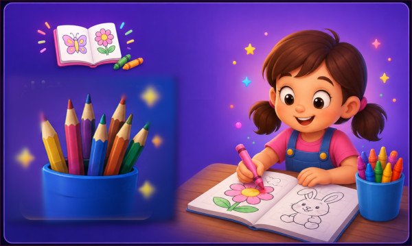 Niña coloreando una página con lápices de colores