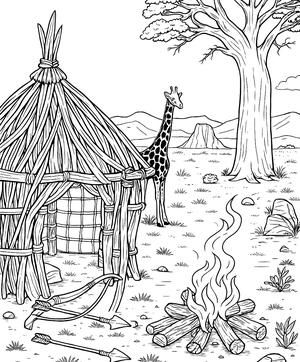 Black and white coloring page: Hadza Hut