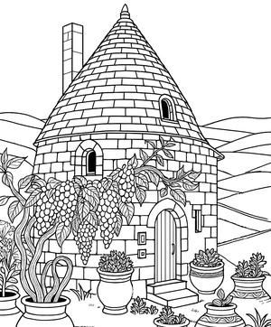 Black and white coloring page: Trullo Tuscany
