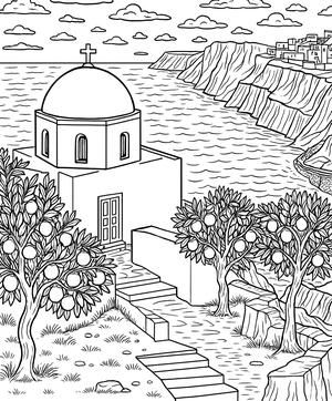 Black and white coloring page: Cycladic Home