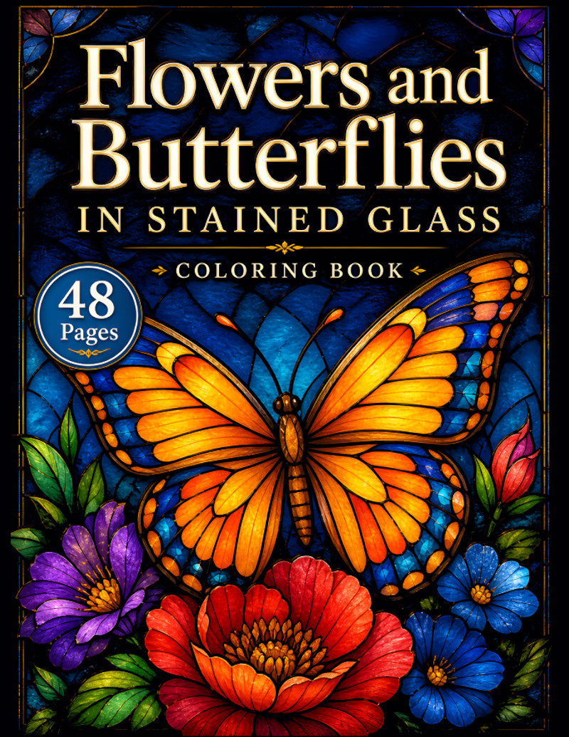 Flowers and Butterflies in Stained Glass Coloring Book cover