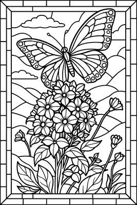 Black and white coloring page: Butterfly Over Meadow Blossoms