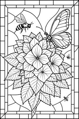 Black and white coloring page: Butterfly Bees Among Blooms