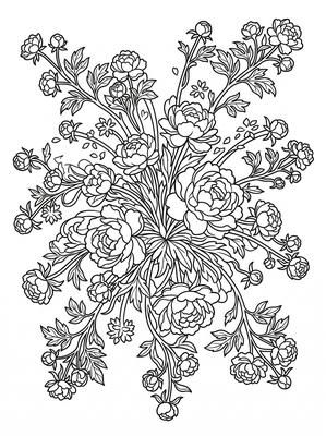 Black and white coloring page: Peony Burst