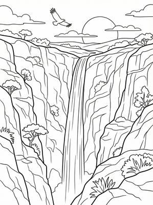 Black and white coloring page: Kalambo Falls, Tanzania/Zambia