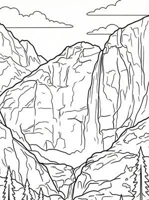 Black and white coloring page: Yosemite Falls, USA