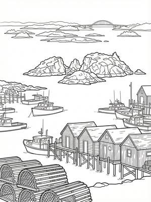 Black and white coloring page: Stonington Harbor, Maine, USA
