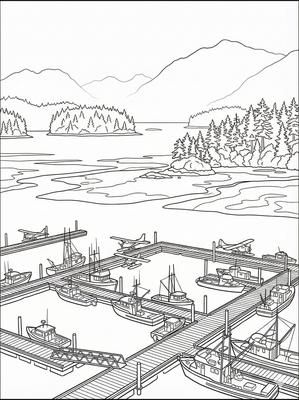 Black and white coloring page: Tofino Marina, Canada