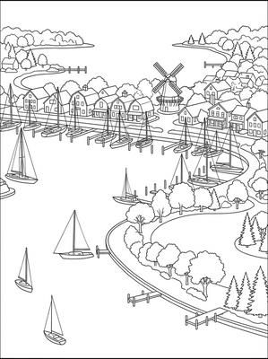 Black and white coloring page: Sag Harbor Cove Marina, USA