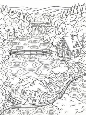 Black and white coloring page: Lakeside Waterfall Cottage