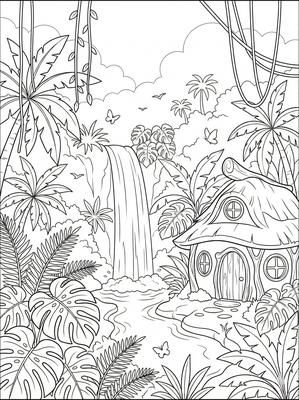 Black and white coloring page: Tropical Jungle Falls