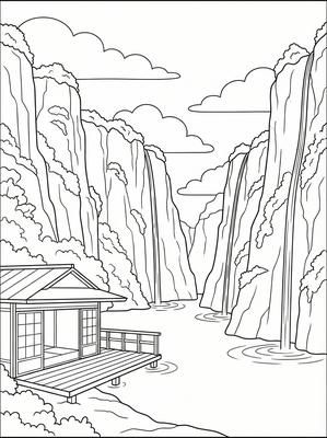 Black and white coloring page: Fjord Zen Retreat