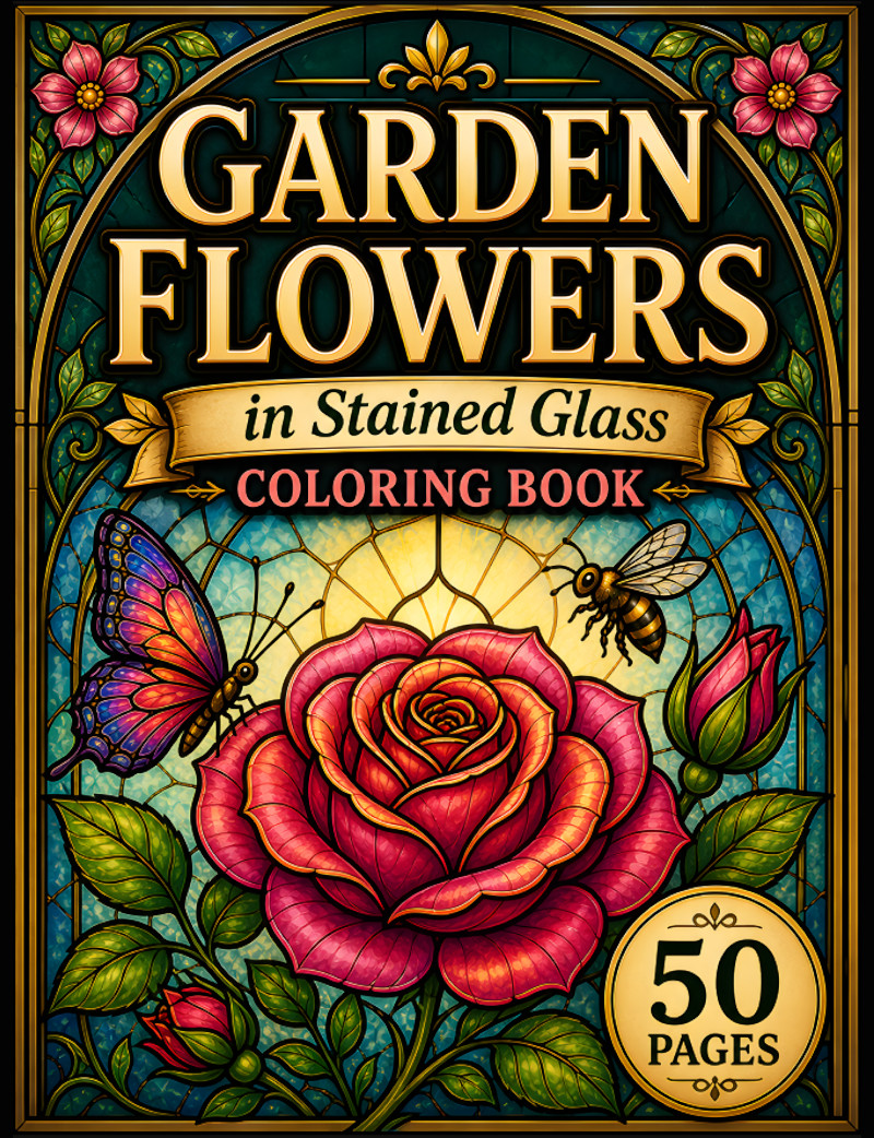 Garden Flowers in Stained Glass Coloring Book cover