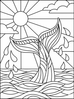 Black and white coloring page: Whale Tail Sunset