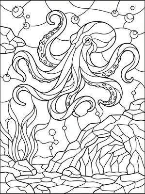 Black and white coloring page: Floating Octopus