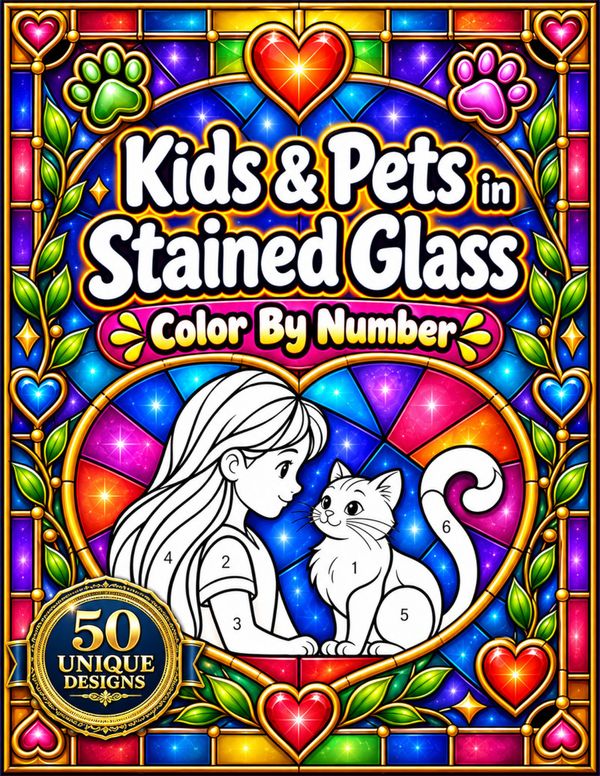 Kids & Pets in Stained Glass Color By Number Book cover