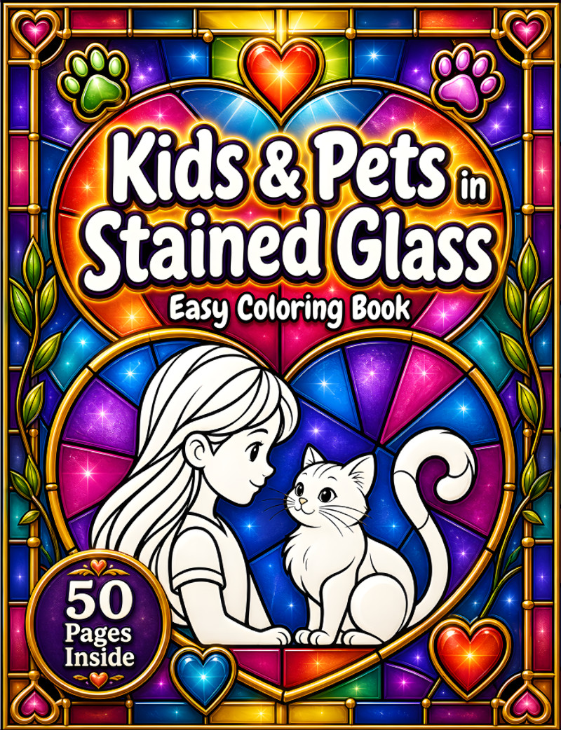 Kids & Pets in Stained Glass Easy Coloring Book cover