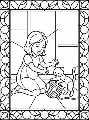 Black and white coloring page: Yarn Play