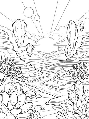 Black and white coloring page: Red Dawn Valley