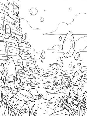 Black and white coloring page: Hovering Stones