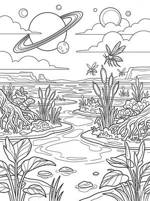 Black and white coloring page: Shimmering Wetlands