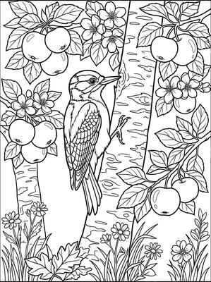 Black and white coloring page: Downy Woodpecker
