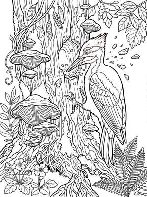 Black and white coloring page: Pileated Woodpecker
