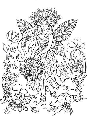 Black and white coloring page: Autumn Fairy