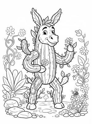 Black and white coloring page: Cactus Donkey