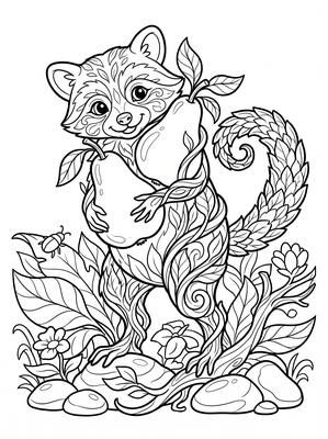 Black and white coloring page: Pear Raccoon