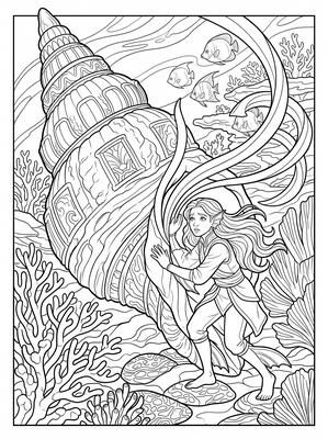 Black and white coloring page: The Call of the Ancient Shell