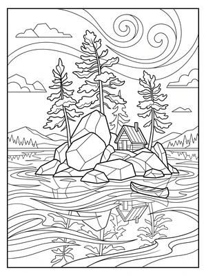 Pines on a Rocky Island - landscape coloring page, black and white line art