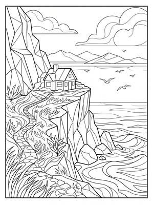 Cliff House Above the Ocean - landscape coloring page, black and white line art