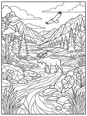 Moose Crossing a Mountain River - landscape coloring page, black and white line art