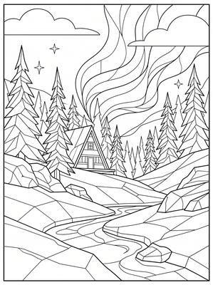 A-Frame in the Snowy Forest - landscape coloring page, black and white line art