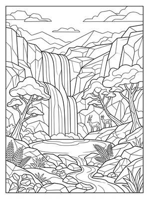 Waterfall into a Hidden Pool - landscape coloring page, black and white line art